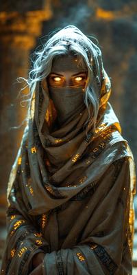 The primary subject of the image is a woman wearing a brown and gold scarf, which is covering her face. She is standing in front of a wall, and the setting appears to be a dark room. The visual style of the image is a photo, and the colors and mood are dark and mysterious.